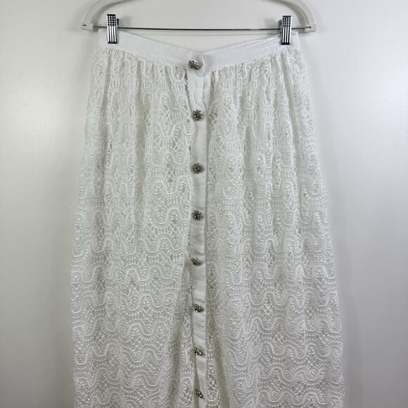 Moeva Flavy White Lace Cover-Up Maxi Skirt Large Crystal Rhinestone Snap Button - Picture 3 of 16